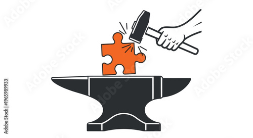 Hand using hammer to shape orange puzzle piece on metal anvil