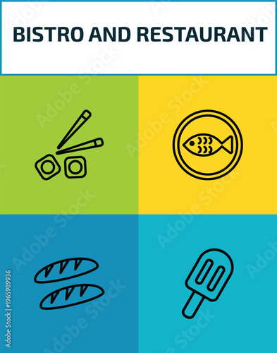 bistro and restaurant outline icon set. 4 linear vector for ui, web and mobile. thin line sushi piece, kitchen fish, load of bread, ice pop icons.