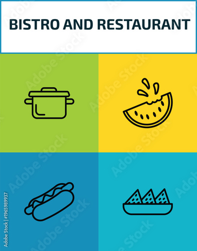 bistro and restaurant outline icon set. 4 linear vector for ui, web and mobile. thin line bistro pot, watermellon slice, hot dog with ketchup, nachos plate icons.