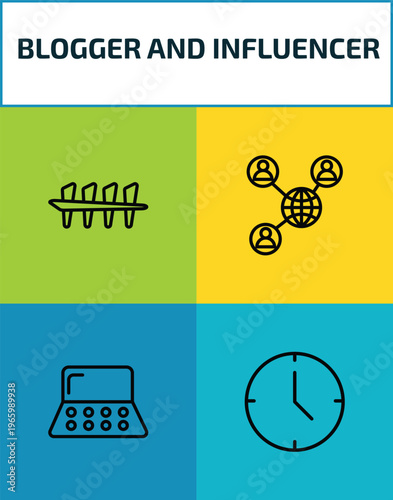 blogger and influencer outline icon set. 4 linear vector for ui, web and mobile. thin line counting, social network, makeup palette, clock icons.