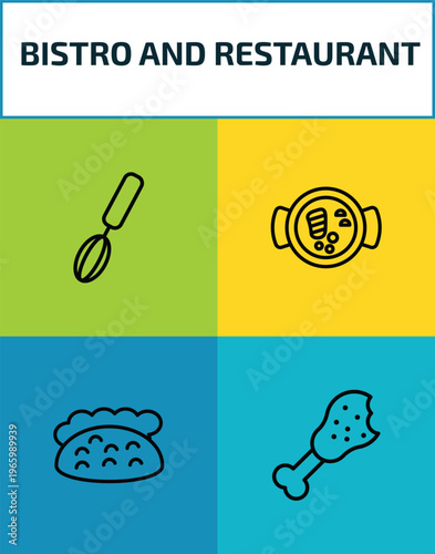 bistro and restaurant outline icon set. 4 linear vector for ui, web and mobile. thin line manual mixer, combine meal, pita bread, chicken thigh icons.