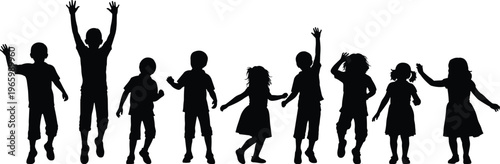 Black silhouette collection of happy children jumping and playing, isolated on white background, group of kids representing joy and education.