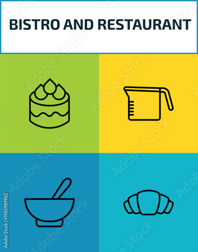 bistro and restaurant outline icon set. 4 linear vector for ui, web and mobile. thin line decorated cake, measurement jar, appetizers bowl, bakery croissant icons.