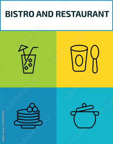 bistro and restaurant outline icon set. 4 linear vector for ui, web and mobile. thin line lemonade with straw, yogurt with spoon, crepe and cream, pot with cover icons.