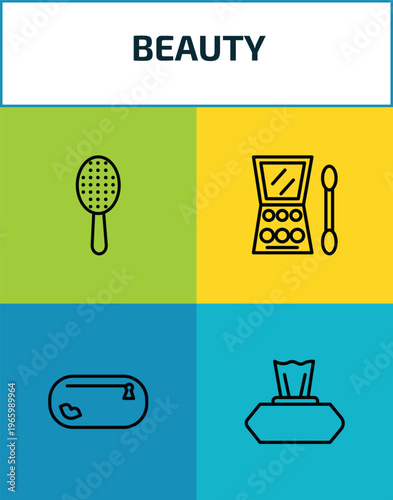beauty outline icon set. 4 linear vector for ui, web and mobile. thin line inclined hairbrush, big makeup box, little makeup box, wipes icons.