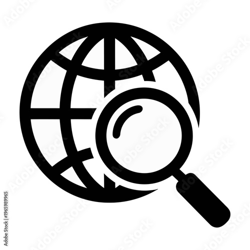 Magnifying glass examining a globe in a vector emphasizing global search and exploration