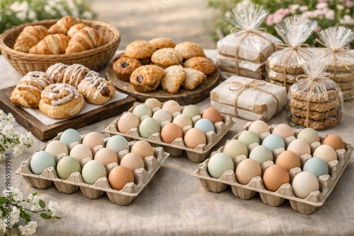 Pastel eggs and assorted bakery display for easter market banner and spring table background with rustic packaging and fresh pastries