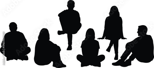 Black silhouette collection of men and women sitting on floor and ground isolated on white background for lifestyle and community design.