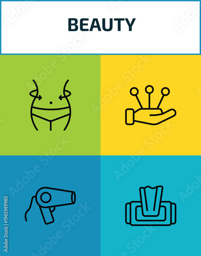 beauty outline icon set. 4 linear vector for ui, web and mobile. thin line women waist, massage, hairdryer facing left, wet wipes icons.