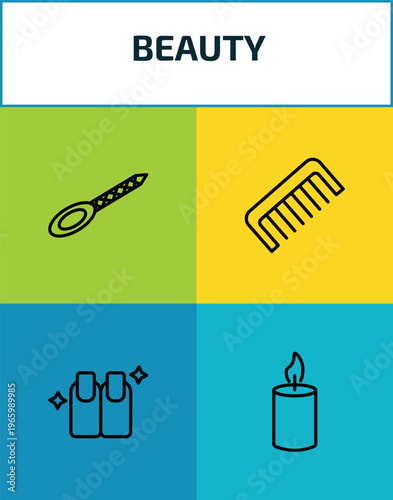 beauty outline icon set. 4 linear vector for ui, web and mobile. thin line nail file, comb, finger with nail, candle light icons.