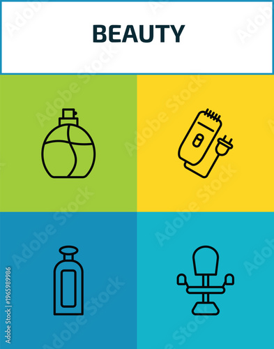 beauty outline icon set. 4 linear vector for ui, web and mobile. thin line round perfume bottle, electric shaver, inclined bottle, beauty salon chair icons.