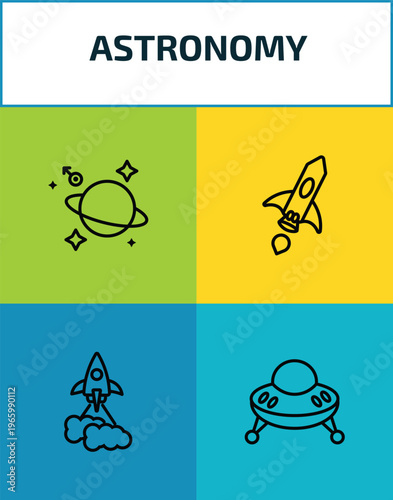 astronomy outline icon set. 4 linear vector for ui, web and mobile. thin line astrology, space ship, liftoff, ufo flying icons.