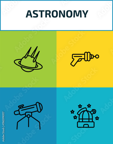 astronomy outline icon set. 4 linear vector for ui, web and mobile. thin line space collision, gun blaster, big telescope, observatory icons.