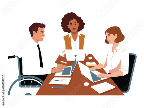 Diverse colleagues with disabilities discuss business strategy while using laptops at a wooden.