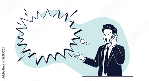 Shocked businessman in suit talking on smartphone with large blank jagged speech bubble and sparks background icon.