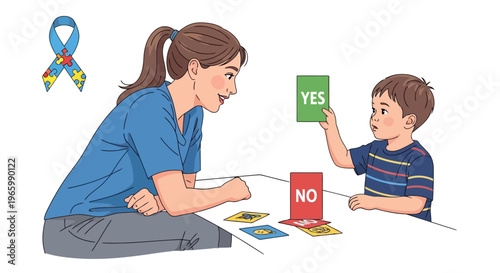 Therapist using yes and no cards with young boy for autism therapy