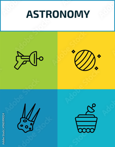 astronomy outline icon set. 4 linear vector for ui, web and mobile. thin line space gun, uranus with satellite, aerolite, moonwalker icons.
