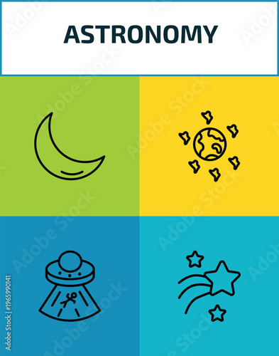 astronomy outline icon set. 4 linear vector for ui, web and mobile. thin line crescent moon, space junk, abduction, shooting star icons.