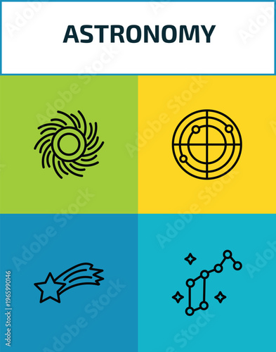 astronomy outline icon set. 4 linear vector for ui, web and mobile. thin line black hole, radar system, falling star, lyra constellation icons.