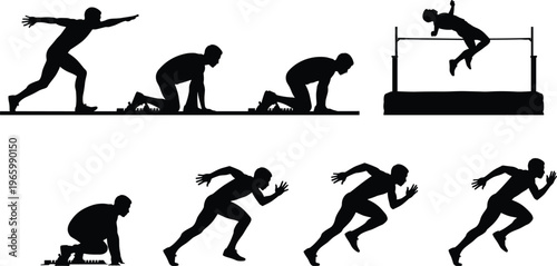 Black silhouette collection of track and field athletes featuring runners in starting blocks sprinting and high jumpers isolated on white background.