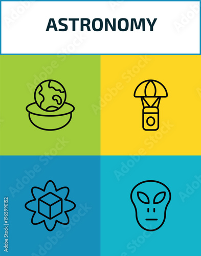 astronomy outline icon set. 4 linear vector for ui, web and mobile. thin line relativity, capsule parachute, simulator, little extraterrestial icons.