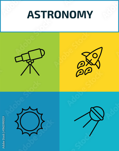 astronomy outline icon set. 4 linear vector for ui, web and mobile. thin line telescope pointing up, rocket flying, big sun shining, sputnik icons.
