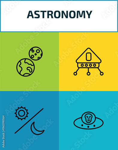 astronomy outline icon set. 4 linear vector for ui, web and mobile. thin line earth and moon, lander, day and night, alien with aqualung icons.