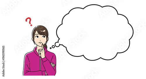Thoughtful young woman in magenta jacket looking up with hand on chin and large blank thought bubble above her head.