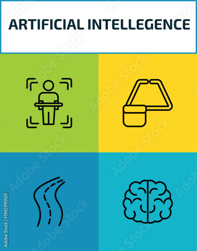 artificial intellegence outline icon set. 4 linear vector for ui, web and mobile. thin line body scan, ar monocle, road, brain icons.