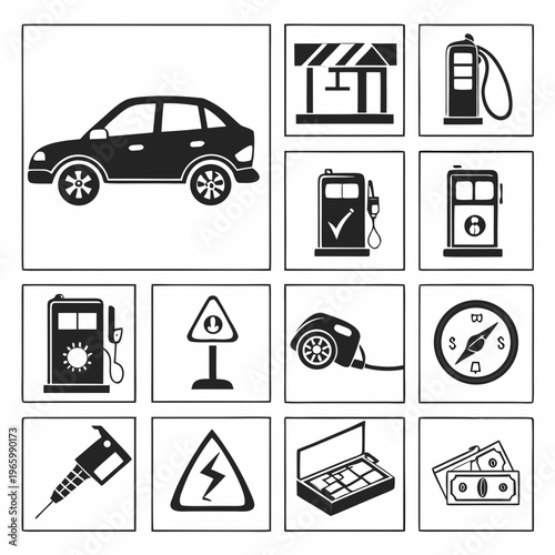 A set of black and white vector icons depicting various car and fuel related symbols