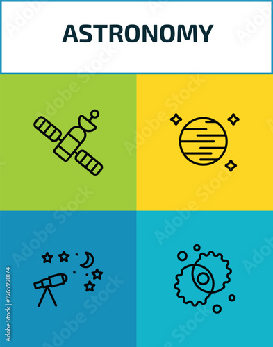 astronomy outline icon set. 4 linear vector for ui, web and mobile. thin line inclined satellite, neptune with satellite, astronomy, nebula icons.
