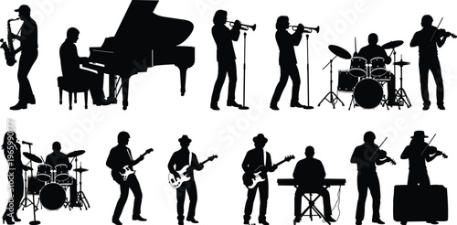 Musical performance silhouettes including jazz band, rock group, pianist, drummer, saxophonist, guitarist, violinist, singer, and various musicians on white background.