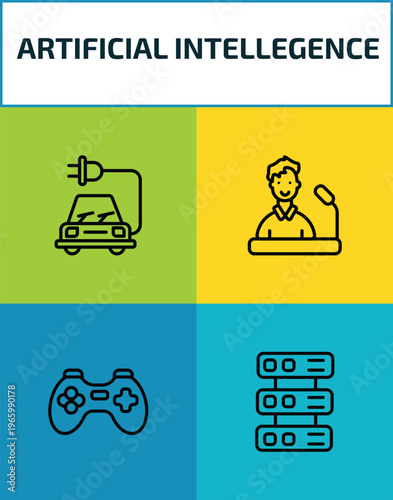 artificial intellegence outline icon set. 4 linear vector for ui, web and mobile. thin line solar energy car, speech, gaming, servers icons.