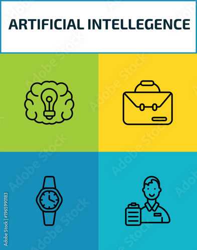artificial intellegence outline icon set. 4 linear vector for ui, web and mobile. thin line future brain, business, wristwatch, shop assistant icons.