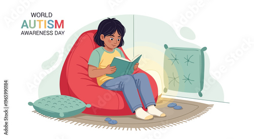 Young girl reading a book in a cozy bean bag chair at home interior