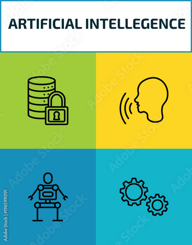 artificial intellegence outline icon set. 4 linear vector for ui, web and mobile. thin line secure data, voice recognition, exoskeleton, hine icons.
