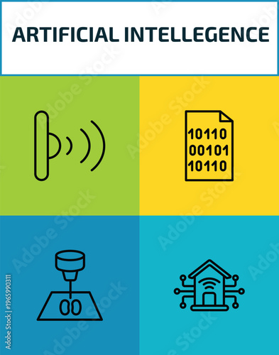 artificial intellegence outline icon set. 4 linear vector for ui, web and mobile. thin line infrared, binary, organ printing, smart home icons.