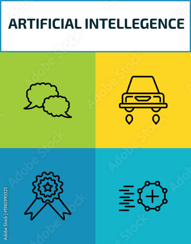 artificial intellegence outline icon set. 4 linear vector for ui, web and mobile. thin line speech bubble, hover transport, recognition, match moving icons.
