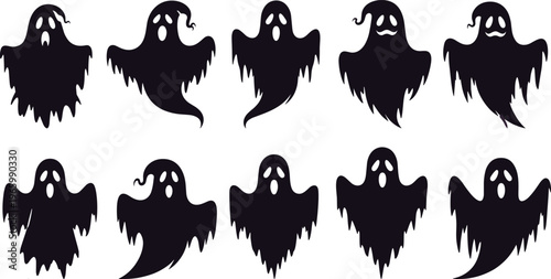 Black ghost silhouettes set with scary faces for Halloween decoration isolated on white background for spooky holiday party graphic design.