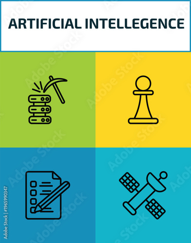 artificial intellegence outline icon set. 4 linear vector for ui, web and mobile. thin line data mining, chess, check list, outer space icons.