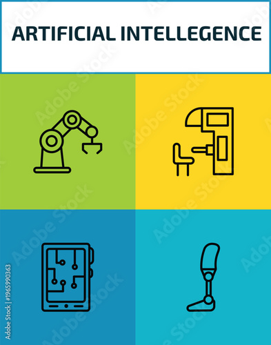 artificial intellegence outline icon set. 4 linear vector for ui, web and mobile. thin line bionic arm, sensorama, mobile flexible display, prosthesis icons.