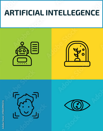 artificial intellegence outline icon set. 4 linear vector for ui, web and mobile. thin line laws of robotics, artificial atmosphere, face recognition, smart lens icons.