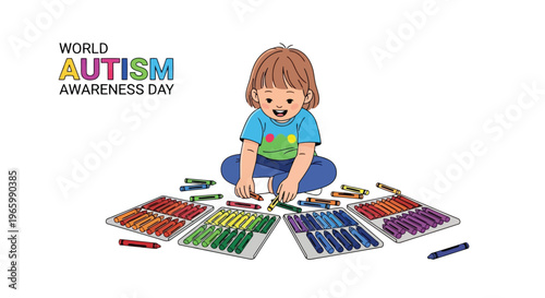 Young child drawing with colorful crayons for autism awareness day