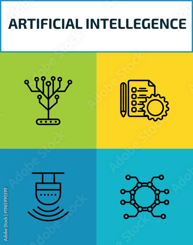 artificial intellegence outline icon set. 4 linear vector for ui, web and mobile. thin line technology tree, evaluation, motion sensor, unsupervised learning icons.