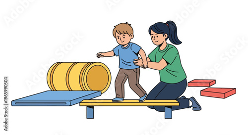 Therapist helping child walk on balance beam in therapy session