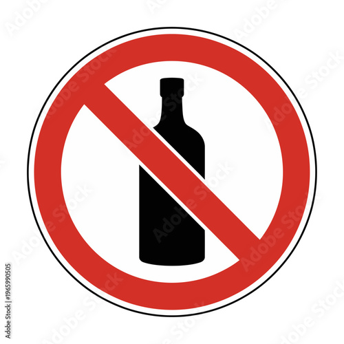 Red and white no alcohol vector sign with a black bottle illustration