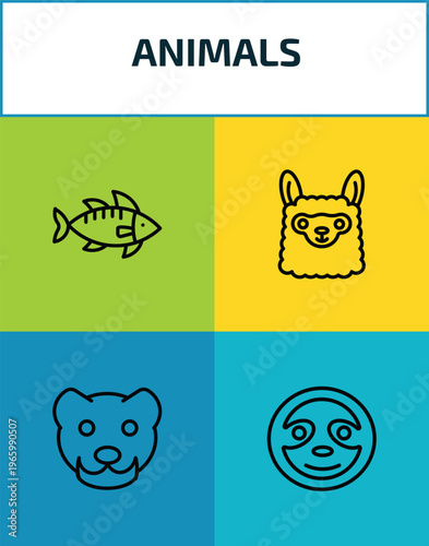 animals outline icon set. 4 linear vector for ui, web and mobile. thin line zander, llama, mink, sloth icons.