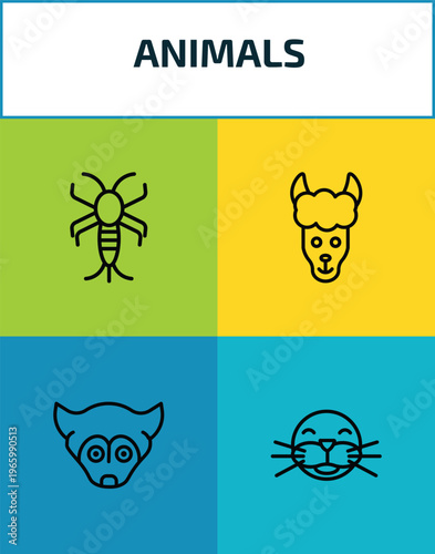 animals outline icon set. 4 linear vector for ui, web and mobile. thin line silverfish, lama, siberian husky, seal icons.