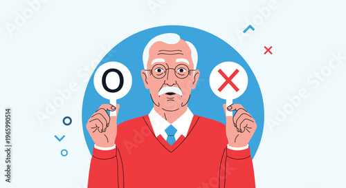 Senior man looking surprised while holding up correct O and incorrect X signs to provide feedback or answers in a quiz setting.