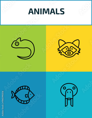 animals outline icon set. 4 linear vector for ui, web and mobile. thin line chameleon, racoon, flounder, sea cow icons.